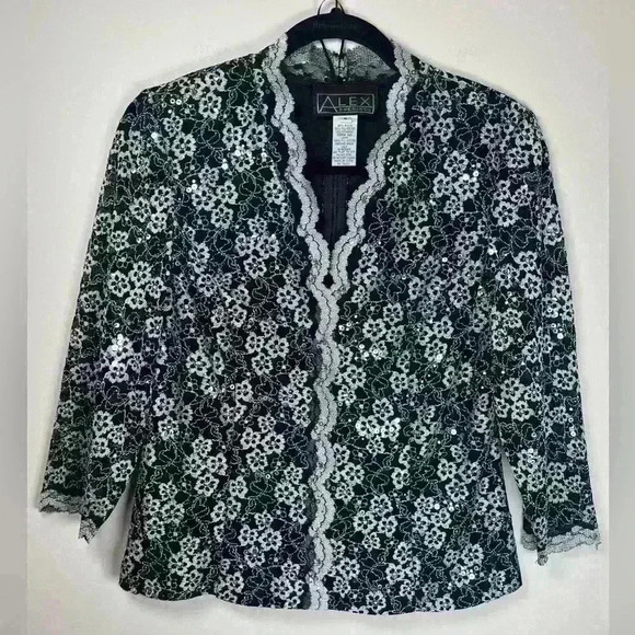Alex Evenings 3/4 Sleeve Embroidered Blouse Black Silver Sequins Size Medium - Picture 1 of 11